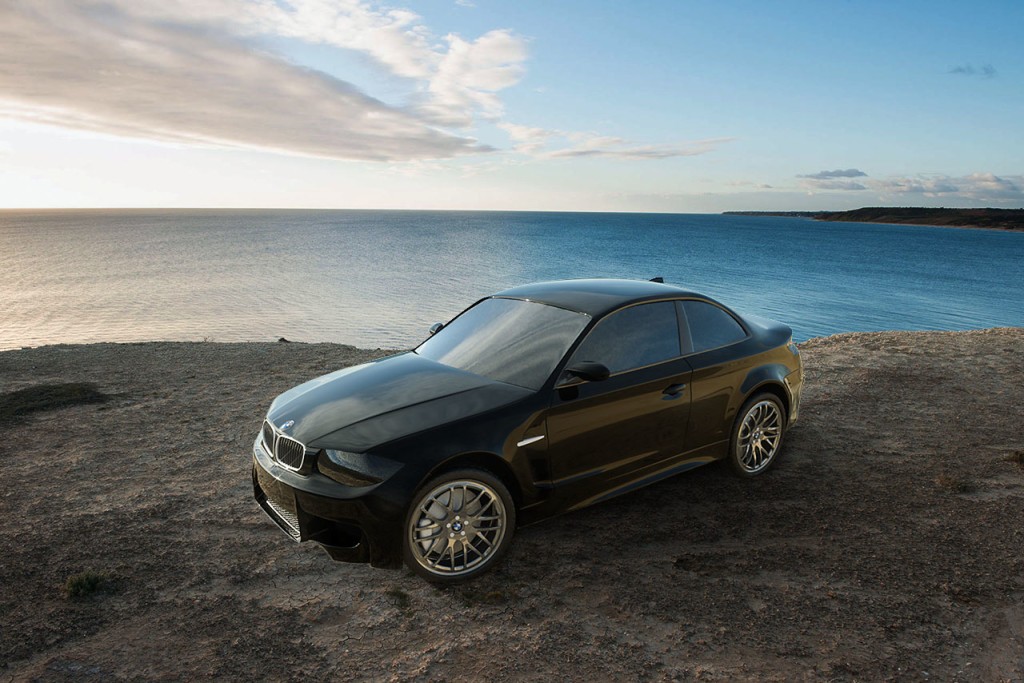 hdri car render, bmw on the coast